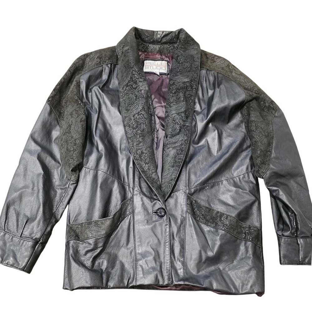 Vintage Pelle Studio Black Leather Paisley Jacket Blazer Womens‎ Size Small 80's